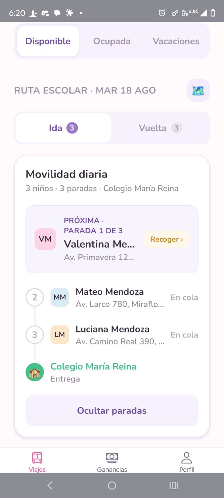School route schedule in MomDriver Conductora